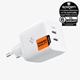 Spigen 45W GaN USB-C 2 Port Mini Güç Adaptörü - Samsung PPS 2.0 Destekli Hızlı Şarj Aleti (Isı Düşürücü ve Akım Korumalı) iPhone & Android & iPad & MacBook Type-C White