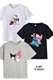 3lü Kaliteli Pamuk Penye Kız  Çocuk Baskılı Tshirt 5 6 7 8 9 10 11 12 13 14 yaş Lilo Kuromi Hello