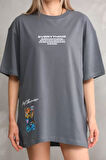 35 AVM Unisex Bisiklet Yaka Baskılı Oversize T-Shirt - Gri