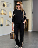 35 AVM Kadın Kapüşonlu Leopar Detay Sweat Ve Yüksek Bel Yanları Leopar şeritli Bol Paça Pantolon Iki