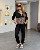35 AVM Kadın Uzun Kollu Leopar Detay Sweat Ve Yanı Leopar şerit Detay Pantolon Ikili Takım
