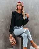 35 AVM Kadın Uzun Kollu Bisiklet Yaka Omuzları Fırfırlı Triko Bluz