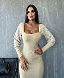 35 AVM Kadın Kare Yaka Kolları Manşet Ve Tül Detay Fırsat ürün Midi Boy Elbise