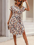 35 AVM Kadın Kısa Kollu Bisiklet Yaka çiçek Desenli Kuşaklı Süprem Midi Elbise