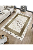 Krem-Gold Dot Keçe Kaymaz Taban Versace Salon Saçaksız Halı B1282