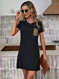 Aesco Kadın Kısa Kollu Yuvarlak Yaka Cepli Leopar Desen Detaylı Viskon Elbise