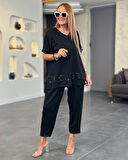 Aesco Kadın Kısa Kollu V Yakalı Pul Payetli Viskon Iki Iplik Bluz Ve Pantolon Ikili Takım