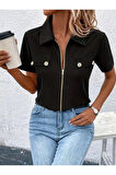 Aesco Kadın Kısa Kollu Ceket Yaka önü Fermuarlı Cep Detay Kısa Kol Ithal Krep Bluz