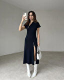 Aesco Kadın Kısa Kollu Yakadan Ve Etekten Fermuarlı Midi Viskon Iki Iplik Elbise