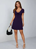 Aesco Kadın Kısa Kollu Derin Büzgülü V Yakalı Viskon Elbise