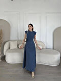 Aesco Keten Yandan Yırtmaçlı  Uzun Sıfır Kolsuz Elbise - Mavi