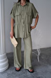 Aesco KETEN BELDEN BÜZGÜ DETAYLI GÖMLEK - PANTOLON TAKIM - Yeşil
