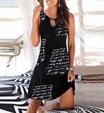 Aesco Kadın Kolsuz Halka Detay Mektup Desenli Mikro Elbise