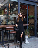 Aesco Kadın Uzun Kollu Balıkçı Yaka Derin Yırtmaç Detay Krep Elbise