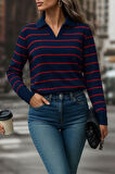 Aesco Kadın Uzun Kollu V Yaka çizgili Triko Bluz