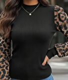 Aesco Kadın Uzun Kollu Yarı Balıkçı Yaka Leopar Detaylı Kaşkorse Bluz