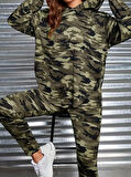 Aesco Kadın Uzun Kollu Kapşonlu Kamuflaj Desenli Bluz Ve Pantolon Tayt Ikili Takım