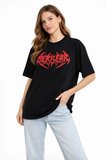 Aesco Baskılı T-Shirt Yazlık Kısa Kol Bisiklet Yaka Rahat Kalıp Tişört - Siyah