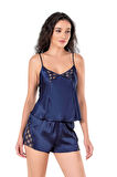 Aesco Lacivert Saten Babydoll Şort Takımı