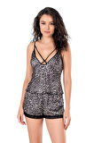 Aesco Leopar Saten Babydoll Şort Takımı