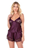 Aesco Mürdüm Saten Babydoll Şort Takımı