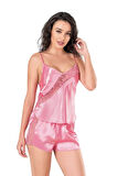 Aesco Koyu Pembe Saten Babydoll Şort Takımı