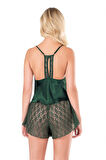 Aesco Koyu Yeşil Saten Babydoll Şort Takımı