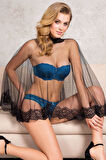 Aesco Balenli Destekli Dolgulu Askısız Straplez Çıkabilen Tül Pelerin Taşlı Dantelli Sütyen ve Slip Takım