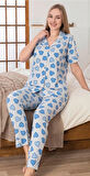Aesco Alissa 6275 Kadın Mavi Kalp Desenli Patlı Pijama Takımı