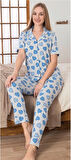 Aesco Alissa 6275 Kadın Mavi Kalp Desenli Patlı Pijama Takımı