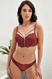 Aesco Balenli Destekli Dolgulu Yaka Detaylı Fermuarlı Dantelli Büstiyer Sütyen ve Slip Takım