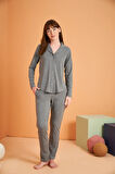 Aesco PJS 28049 Kadın Uzun Kol Önü Düğmeli Pijama Takım