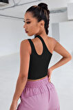Kadın Siyah Tek Omuz Cut Out Detaylı Crop Top Bluz