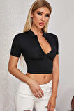 Kadın Siyah Yarım Fermuarlı Ve Kısa Kollu Crop Top Bluz
