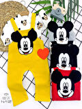 3-6-9-12 Ay Mickey Figürlü Uzun Kollu Baskılı Sweatli 2li Kız Erkek Bebek Salopet Takımı Sarı