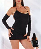 B060828 Eldivenli Mini Elbise