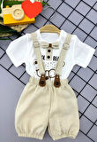 9-12-18-24 Ay Papyon Detaylı Keten Şort Salopet Tişörtlü 2li Erkek Bebek Takımı