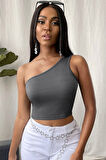 Kadın Koyu Gri Tek Omuz Crop Büstiyer