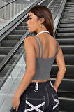 Kadın Antrasit Gri Beyaz Çift Renk Çapraz Askılı Crop Top Bluz
