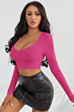Kadın Fuşya Uzun Kol Kare Yaka Crop Top Bluz