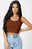 Kadın Kahverengi Kare Yaka Crop Top Bluz