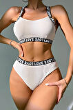 Kadın Beyaz Çapraz Sırt Ve Love Yazı Detaylı Iç Çamaşır Takımı