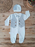 0-3 3-6 6-9 Ay Şapkalı Yelek Detaylı Boydan Çıtçıt Erkek Bebek Tulumu Ekru