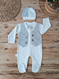 0-3 3-6 6-9 Ay Şapkalı Yelek Detaylı Boydan Çıtçıt Erkek Bebek Tulumu Ekru
