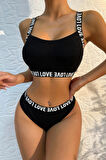 Kadın Siyah Çapraz Sırt Ve Love Yazı Detaylı Iç Çamaşır Takımı