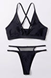 Kadın Siyah File Detaylı Özel Bikini Takımı