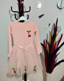 5-6-7 Yaş Kiraz Desenli Kurdela Kuşaklı Astarlı Uzun Kollu Kız Çocuk Tütü Elbise Somon