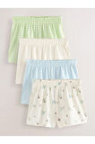 Pamuklu Beyaz Çiçek Desenli Fırfır Kısa Kollu Şortlu 4'lü Alt Üst Takım