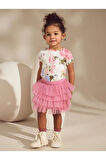 Pamuklu Pembe Çiçek Desenli Tütülü Etek Thsirt Alt Üst Takım