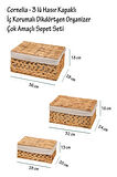 Naomi - 3 lü Hasır Kapaklı İç Korumalı Dikdörtgen Organizer Çok Amaçlı Sepet Seti